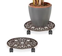 Relaxdays Soporte Macetas con Ruedas, Set 2, Redondo, Diseño Antiguo, Hierro Fundido, 7,5 x 34 cm, Plato Plantas, Marrón