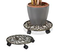 Relaxdays Soporte Macetas con Ruedas, Set 2, Redondo, Diseño Antiguo, Hierro Fundido, 7,5 x 34 cm, Plato Plantas, Bronce