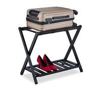 Relaxdays Soporte Maletas Bambú, Reposamaletas Plegable, 59x68x40 cm, Taburete Equipaje Madera con Balda, Hotel, Negro