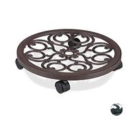 relaxdays Soporte para Macetas con Ruedas, Base Plantas Redonda de Interior y Exterior, 1 Ud., Ø 38 cm, Aluminio, Marrón