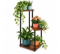 Relaxdays soporte para plantas, 3 niveles cuadrados, negro/marrón | 78 x 58,5 x 31 cm, estantería interior, industrial