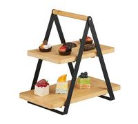 Relaxdays Soporte Tartas, 2 Pisos, Bambú, Metal, Bizcochos, Muffins, Fruta, 33x34x19 cm, para Servir, Natural/Negro