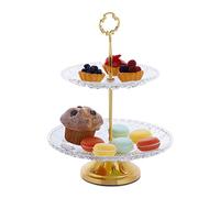 Relaxdays Soporte Tartas, 2 Pisos, Bandejas Pasteles Cristal y Hierro, Platos Cupcakes Redondos, Transparente y Dorado