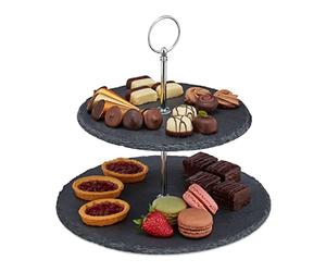 Relaxdays Soporte Tartas, 2 Pisos, Bandejas Pizarra, Expositor Pasteles, Platos Cupcakes, 23x25 cm, Antracita y Plateado