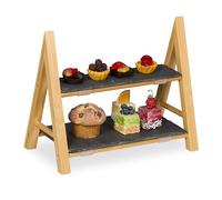 Relaxdays Soporte Tartas, 2 Pisos, Platos Pizarra, Expositor Cupcakes, Mesa Dulces, 27x32x17 cm, Bambú, Natural y Gris