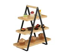 Relaxdays Soporte Tartas, 3 Pisos, Bambú, Metal, Bizcochos, Muffins, Fruta, 42x41x16,5 cm, para Servir, Natural/Negro