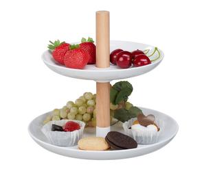 Relaxdays Soporte tartas plástico y madera 2 pisos blanco,marrón claro