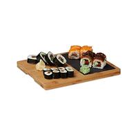 relaxdays Tabla Cortar Cocina, Plato Pizarra, Asa, Bandeja Rectangular Rústica, Bambú, 1 Ud., 2 x 30,6 x 25 cm, Marrón
