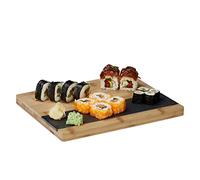 relaxdays Tabla Cortar Cocina, Plato Pizarra Servir, Bandeja Rectangular Maciza, Bambú, 1 Ud., 2 x 30,6 x 25 cm, Marrón