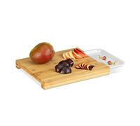 Relaxdays Tabla de Cortar Cocina, Bandeja Extraíble para Picar, Desayuno, Servir, Bambú, 3 x 30 x 25 cm, Marrón y Blanco