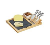 Relaxdays Tabla de queso bambú con 9 accesorios marrón claro,negro,plata
