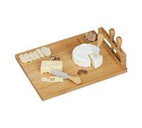 Relaxdays Tabla de quesos de bambú con cubiertos marrón claro,plata