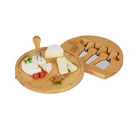 Relaxdays Tabla de Quesos Redonda con 4 Cubiertos, 4 x 25 cm, Bandeja Embutidos y Aperitivos, Bambú, Giratoria, Natural