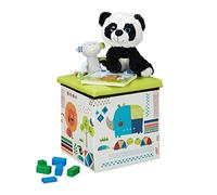 Relaxdays Taburete Almacenaje Infantil, Diseño Animales, Asiento Plegable Almacenamiento, 31 x 31 x 31 cm, Verde/Blanco