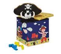 Relaxdays Taburete Almacenaje Infantil, Diseño Piratas, Asiento Plegable Almacenamiento, 31 x 31 x 31 cm, Azul/Amarillo