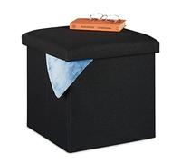 Relaxdays Taburete Almacenaje Plegable, Acolchado, Tela, Otomana de Almacenamiento, 37 x 37,5 x 37,5 cm, Negro