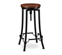 Relaxdays Taburete Alto Cocina, Banqueta Bar, Vintage Industrial, Hierro-Madera, Altura Ajustable 77,5 cm, Negro-Marrón