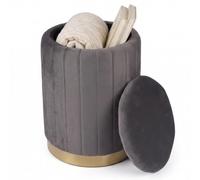 Relaxdays Taburete Auxiliar Redondo de Terciopelo, Gris Oscuro | acolchado con almacenaje, Al x D: 42 x 32 cm