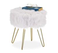 Relaxdays Taburete Bajo con Patas, Asiento de Pelo Sintético, Reposapiés, Salón o Tocador, 40 x 38 cm, Dorado y Blanco