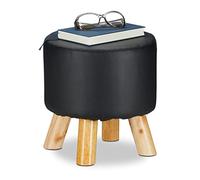Relaxdays Taburete Bajo de Cuero Sintético con 4 Patas, DM, Madera de Pino y Poliéster, Negro, 30 x 31 cm