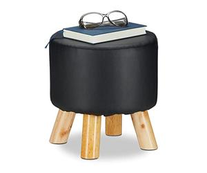 Relaxdays Taburete Bajo de Cuero Sintético con 4 Patas, DM, Madera de Pino y Poliéster, Negro, 30 x 31 cm