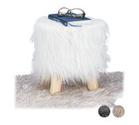 Relaxdays Taburete Bajo de Pelo Sintético Suave con 4 Patas, DM, Madera de Pino y Poliéster, Blanco, 31 x 31 cm