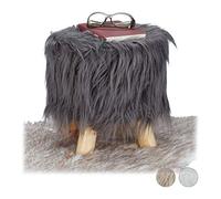 Relaxdays Taburete Bajo de Pelo Sintético Suave con 4 Patas, DM, Madera de Pino y Poliéster, Gris, 31 x 31 cm