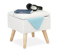 Relaxdays Taburete Bajo, Puff Asiento Almacenaje, Baúl Almacenamiento, 1 Ud., Madera-Tela, 40 x 40 x 40 cm, Blanco