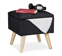 Relaxdays Taburete Bajo, Puff Asiento Almacenaje, Baúl Almacenamiento, 1 Ud., Madera-Tela, 40 x 40 x 40 cm, Negro