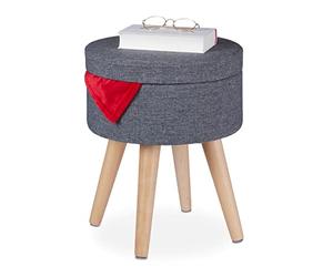 Relaxdays Taburete con Patas de Madera y Función de Mesa, Tapa Acolchada, con Almacenaje, 45,5 x 37 cm, Gris y Natural