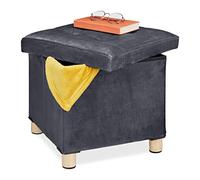 Relaxdays Taburete de Terciopelo con Bandeja, Tapa con Bandeja, Patas de Madera, Puff Cuadrado, 35x38x38 cm, Gris Oscuro