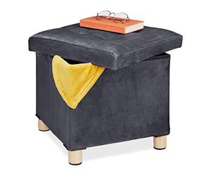 Relaxdays Taburete de Terciopelo con Bandeja, Tapa con Bandeja, Patas de Madera, Puff Cuadrado, 35x38x38 cm, Gris Oscuro
