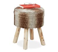 Relaxdays Taburete Decorativo, Pelo Sintético, Banqueta con Patas de Madera, Redondo, Rústico, 42 x 33 cm, Gris/Marrón