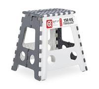 Relaxdays Taburete Plegable XL, 1 Escalón, Banqueta con Asa, hasta 150 kg, Plástico, 39 x 39 x 32 cm, Gris/Blanco