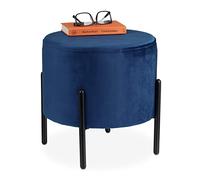 Relaxdays Taburete Tapizado de Terciopelo, Otomana Redonda Decorativa, Patas Metálicas, Cómodo, 38,5 x 40,5 cm, Azul