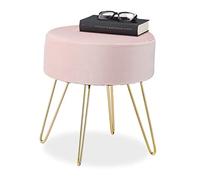 Relaxdays Taburete Terciopelo, Redondo, Banqueta Acolchada Elegante, Patas de Metal Doradas, Moderno, 40 x 40 cm, Rosa