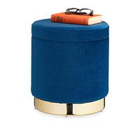 Relaxdays Taburete Terciopelo, Redondo, Reposapiés Tapizado Elegante, Puff Moderno, 41,5 x 37 cm, Azul/Dorado