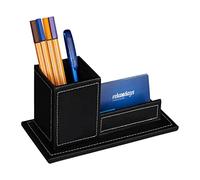 Relaxdays Tarjetero de Escritorio con Portalápices, Polipiel, Organizador de Oficina, 10,5 x 20 x 10 cm, Negro