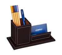 Relaxdays Tarjetero de Escritorio con Portalápices, Polipiel, Organizador de Oficina, 10,5 x 20 x 10 cm, Marrón