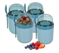 Relaxdays Taza muesli to-go, set de 4, 3 compart., cuchara, hermética, azul