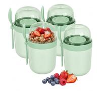 Relaxdays tazas de muesli 4x, 3 compartimentos, con cuchara, verdes