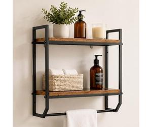 Relaxdays toallero Colgante de Pared, estantería de 2 baldas, baño y Cocina | hierro y MDF, marrón/negro, 40x40x15 cm