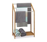 Relaxdays Toallero de Pie Bambú, 3 Barras Metálicas, Soporte Toallas con Balda, Moderno, 85 x 51 x 31 cm, Marrón Natural