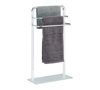 Relaxdays Toallero de Pie con 3 Barras, Metal Cromado-Cristal Esmerilado, Blanco-Plateado, 80x45x20 cm