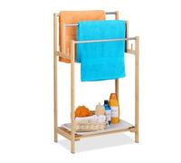 Relaxdays Toallero de Pie con Balda Inferior, 3 Barras en Escalera, Soporte Toallas, Bambú, Metal, 90x51x30,5cm, Natural