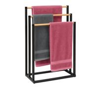 Relaxdays Toallero de pie, HBT: 76 x 45 x 21,5 cm, Metal, bambú, 3 Barras, baño, Negro/Natural