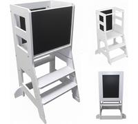 Relaxdays Torre de Aprendizaje con Pizarra, a Partir de 1 año, 2 escalones, 86 x 40 x 44 cm, Soporte para niños, Blanco