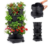 Relaxdays Torre para Plantas, jardín Vertical apilable con Ruedas, 66 x 33 cm, 5 Niveles, PP, Negro