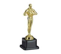 Relaxdays Trofeo decorativo de plástico para niños, soporte cuadrado, corona, 18 cm, dorado/negro