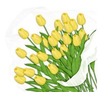 Relaxdays Tulipanes Artificiales, Pack 24 Flores Realistas, Ramo Decorativo, Plástico, 33,5cm de Largo, Amarillo y Verde